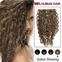 16 inches Light Brown (#6) 7pcs Curly Clip In Indian Remy Hair Extensions