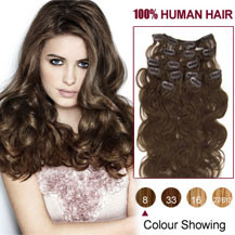 16 inches Ash Brown (#8) 7pcs Wavy Clip In Indian Remy Hair Extensions