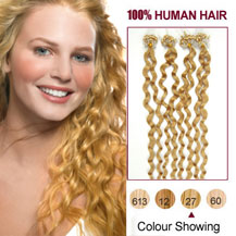 16 inches Strawberry Blonde (#27) 100S Curly Micro Loop Human Hair Extensions