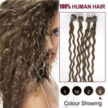 22 inches Light Brown (#6) 100S Curly Micro Loop Human Hair Extensions