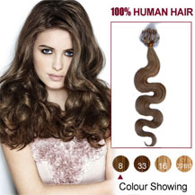 16 inches Ash Brown (#8) 100S Wavy Micro Loop Human Hair Extensions