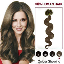 30 inches Light Brown (#6) 50S Wavy Nail Tip Human Hair Extensions