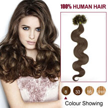 30 inches Ash Brown (#8) 100S Wavy Nail Tip Human Hair Extensions