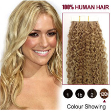 26 inches Golden Ash Blonde (#12 / 24) 20pcs Curly Tape In Human Hair Extensions