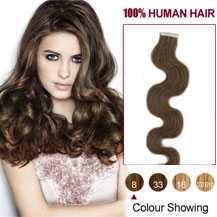 16 inches Ash Brown (#8) 20pcs Wavy Tape In Human Hair Extensions